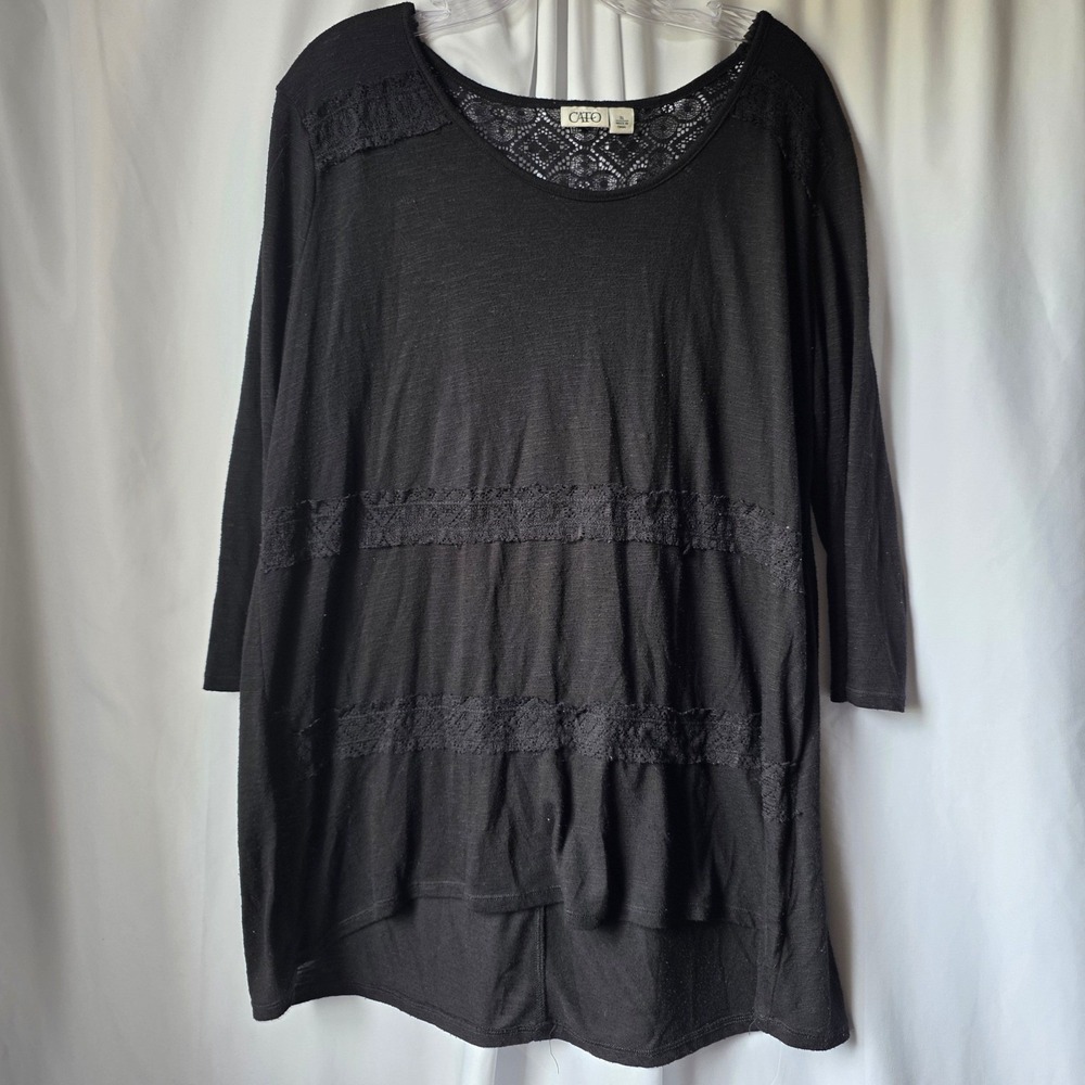 Cato Black Lace Trim Long Sleeve Top XL Scoop Neck High Low Hem